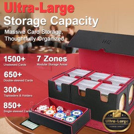 HHZ Commander Deck Box for MTG, 7-in-1 Trading Card Storage Box Fit 1500+ Sleeveless Cards for MTG/TCG with 6 Card Dividers, Dice Tray & 4 Card Holders, Waterproof Leather Magnetic Storage Box Red