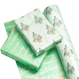 WRAPAHOLIC 30 Inch Jumbo Reversible Green Christmas Wrapping Paper - 30 Inch x 33 Feet - Watercolor Green Christmas Tree Wrapping Paper with Metallic Foil Shine for Holiday, Party, Celebration