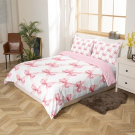 Pink Bowknot Bedding Set Single Size,Dreamy Princess Style Kids Girls Duvet Cover for Teens Adults,Watercolor Bow Geometric Grids White Comforter Cover Decorative Room with 1 Pillowcase