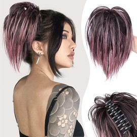 PORSMEER Ponytail Extensions with Clip Short Straight Hair Scrunchie Clip in Hairpiece Ponytail Natural Synthetic Hair Hair Extensions Messy Bun Ombre Pink for Women Girls