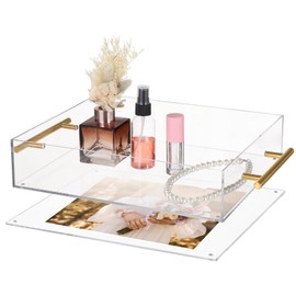 Acrylic Serving Tray with Gold Handles & Magnetic Mat,12x10 Inch Non-Slip Base, Thick Transparent Acrylic Tray, Spill-Proof Design, Perfect for Coffee, Breakfast, Dinner & Decorative Storage