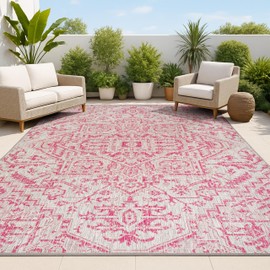 JONATHAN Y SMB105F-5 Estrella Bohemian Medallion Textured Weave Indoor Outdoor Area-Rug, Coastal Traditional Easy-Cleaning,Bedroom,Kitchen,Backyard,Patio,Non Shedding, 5 X 8, Light Gray/Fuchsia