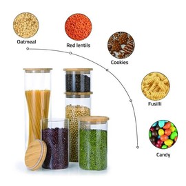 GENICOOK Borosilcate Glass Canister Set with Eco-Friendly, Cereal containers storage，Easy to Open Natural Bamboo Lids - 10 pc set (5 Glass Containers, 5 Bamboo Lids) Circular