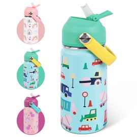 AMFUN 350ml /12oz Kids Insulated Water Bottle with Straw Lid,Small Flask Vacuum Insulated,Upgraded Leak Proof Lid with Straw & Handle for Boys Girls Toddler Hot Cold Drinks,BPA-Free (Small Car)
