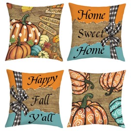 Joymaison Fall Pumpkin Home Sweet Home Throw Pillow Covers 18x18 Inch Set of 4 Autumn Thanksgiving Black White Buffalo Plaid Cushion Covers Home Decor for Couch Cushion Cases