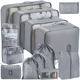 SaiXuan 12-Piece Suitcase Organiser Set, Clothes Bags, Packing Cubes with Cosmetic Bag, Shoe Bag, Packing Cubes Set, Suitcase Organiser, Packing Bags Set for Holidays and Travel (Grey)