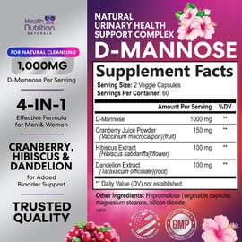 D-Mannose Supplement - 1,000mg D Mannose Per Serving with Cranberry, Hibiscus & Dandelion - Fast-Acting, Natural Urinary & Bladder Support for Women & Men – Flush & Cleanse Impurities – 120 Capsules