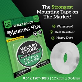 WickedGood Strong Double Sided Tape - Nano Clear Double Sided Mounting Tape with Heavy Duty, Waterproof Adhesive for Indoor, Outdoor Use, Multi Purpose for Wall, Picture Frames, Carpet (1/2" x 120")