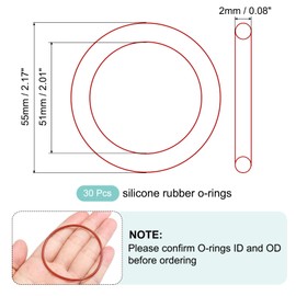 MECCANIXITY Silicone O-Ring 51mm ID 55mm OD 2mm Width Metric VMQ Sealing Gasket Replacement 50A Durometer for Plumbing Compressor Faucets Valves Repair (Red, Pack of 30)