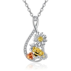 Dreamboat Daisy Bee Necklace Sterling Silver Amber Brown Crystal Daisy Pendant Bee Jewelry Gift for Women