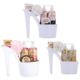 Draizee Heel Spa Basket For Women - Rose, Jasmine, White Tea Scented 15 Pcs Bath Essentials Baskets with Shower Gel, Bubble Bath, Body Butter & Lotion, Soft Bath Puff