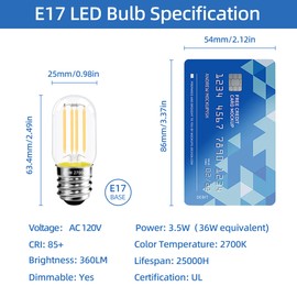 NOVELUX 2.5 in E17 Intermediate Base LED Filament Bulb 360 Lumens, 2700K Soft White Dimmable Appliance Bulb AC 120V, UL Certified T8 Microwave Light Bulbs Under Hood for Refrigerator Stove 4Pack