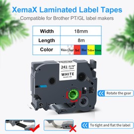 6 x XemaX Compatible Label Tape for Brother P-touch Tapes 18 mm TZe-241 TZe-141 TZe-441 TZe-541 TZe-641 TZe-741 for Brother PT-D400 P700 1830 D450 D410 E550W P750W, White Transparent Red Yellow Blue