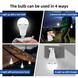 GOIRLYCE Emergency Rechargeable Light Bulbs, White Battery Operated Light Bulb for Lamps with 9W E27 6500K 1500mAh, 2 Pack Equivalent Self-Charging LED Light Bulbs for Home, Camping, Hiking
