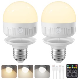 SCOPOW 2Packs E26 Rechargeable Light Bulbs with Remote Control, 5W 350lm Magnetically Battery Operated Light Bulbs 2000mAh, 3 Color Temperature, Timer, Dimmer for Non-Hardwired Lamp