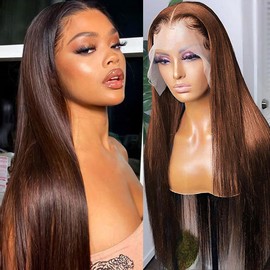 AUOU Chocolate Brown Lace Front Wig Straight 13x6 HD Lace Front Wigs Human Hair Pre Plucked 200 Density Glueless Lace Frontal Human Hair Wigs for Women 4# Brown Wig 22 Inch