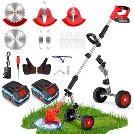 Electric Weed Wacker Cordless W/Metal Blade,Stringless Weed Eater Battery Powered 4000mAh 21V, 3 in 1 Grass Trimmer Brush Cutter Lawn Edger Mower, Weed Trimmer Wheel Yard Garden Tool. 2 Battery