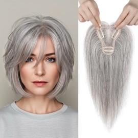 REECHO Human Hair Topper, 10 Inch Hair Toppers for Women Real Human Hair, Real Human Wiglet Adding Targeted Coverage for Thinning Hair, Light Gray