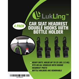Lukling 4 Pack Car Seat Headrest Hooks Strong and Durable Backseat Headrest Hanger Storage for Handbags, Purses, Coats, and Grocery Bags, Universal Vehicle Car Seat Back Headrest Bottle Holder