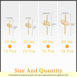 Rustark 60 Pcs Quick Picture Hangers Assorted Set includes 10lbs 20lbs 40lbs 60lbs One Step Hangers, Iron Alloy Nail Photo Hooks, Professional Plaster Picture Hanging Hooks on Wooden and Drywall