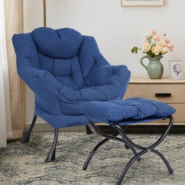 WARMHOL Living Room Single Lazy Chair with Ottoman, Modern Cotton Fabric Upholstered Armchair, Accent Contemporary Lounge Chair, Single Steel Frame Leisure Sofa Chair with Armrests and Pocket(Blue)