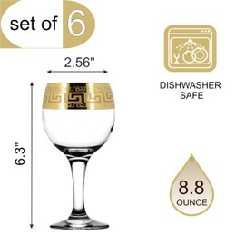 Joseph Sedgh Collection Greek Key Wine Glasses Set of 6-8.8 oz Round Wine Glasses with Stem, Dishwasher Safe Premium European Grade Glassware