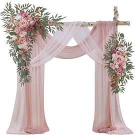 WEDFLOR Wedding Arch Flowers with Drapes Kit (Pack of 4) - 2pcs Artificial Dusty Rose Deluxe Swag with 2pcs Sheer Drapes for Wedding Ceremony Arbor Reception Backdrop Rose Floral Decoration