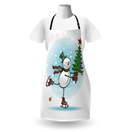 Ambesonne Snowman Apron, Hand Drawn Style Skating Christmas Tree and Hat Cold Winter Snowfall, Unisex Kitchen Bib with Adjustable Neck for Cooking Gardening, Adult Size, Pastel Blue