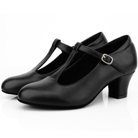 Women's T-Strap Character Shoes Latin Ballroom Dance Heels Black Wedding Pumps, Black 6.5 M US