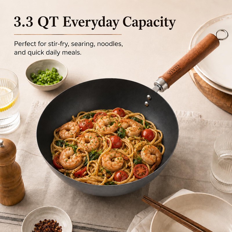 10.2-Inch Carbon Steel Wok Frying Pan with Lid, Flat Bottom