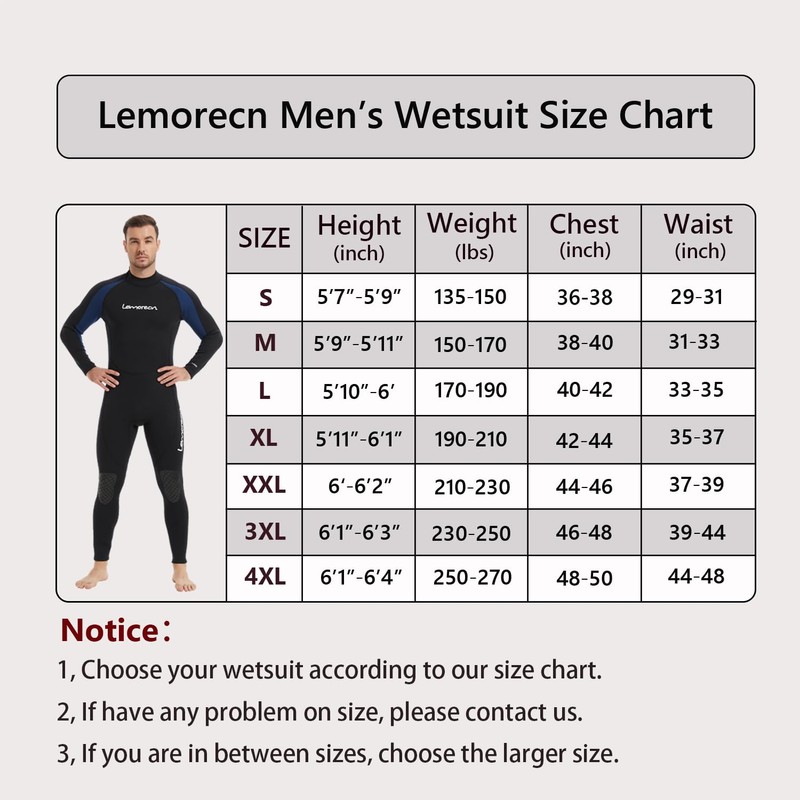 Lemorecn Mens Wetsuits Jumpsuit Neoprene 3/2mm Full Body Diving Suit(CA3031BLUE-M)