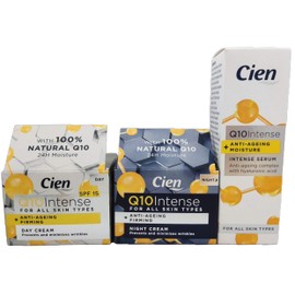 Anti-Aging Skincare Trio Cien: Day & Night Creams + Intense Serum - With Natural Q10, Hyaluronic Acid & Vitamin E - 24H Hydration & Wrinkle Reduction - For All Skin Types