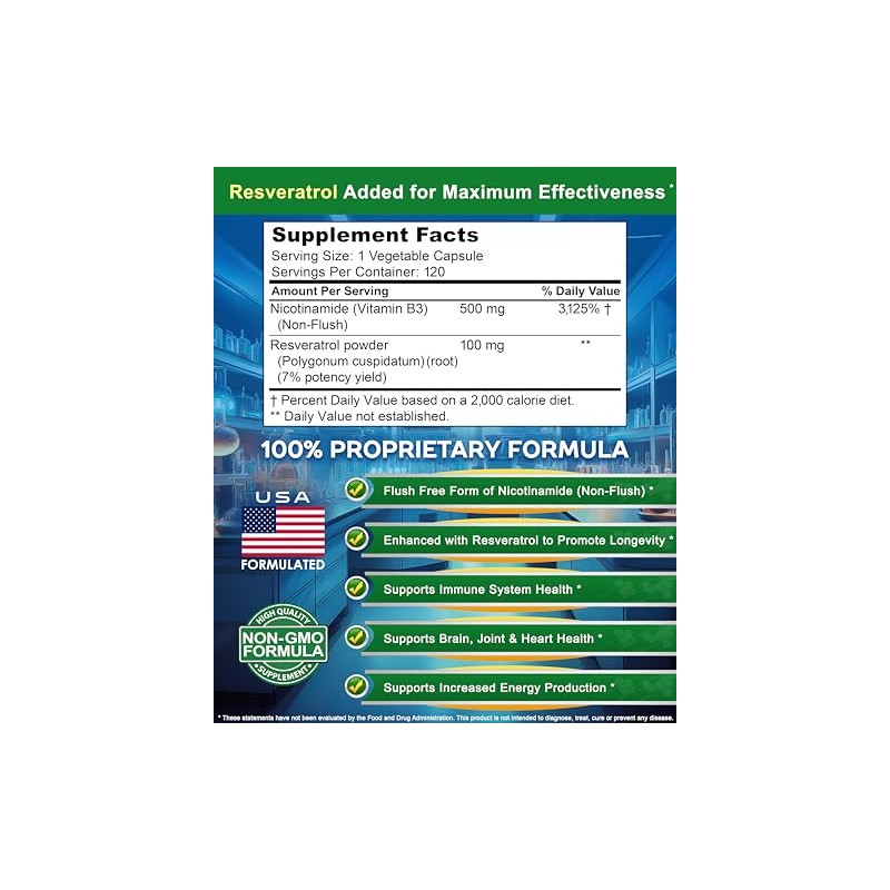 Nicotinamide with Resveratrol - 120 Capsules - Vitamin B3 500mg