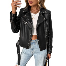 LY VAREY LIN Studded Faux Leather Moto Jacket Women Black PU Biker Coat with Rivets Punk Style (US, Alpha, Large, Regular, Regular, Black)