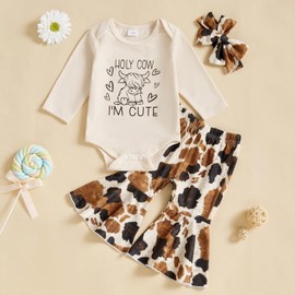CocMouse Western Baby Girl Fall Outfits Letter Cow Print Long Sleeve Romper Flare Pants Headband 3Pcs Fall Clothes Set Infant Cowgirl Outfit (Khaki, 12-18 Months)