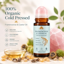 Castor Oil & Frankincense Roll on with Red Rose Quartz Eye Roller | Pure Cold Pressed Face Serum, For Dark Circles, Reduces Fine Lines, Wrinkles &