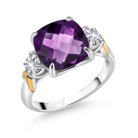 Gem Stone King 925 Silver and 10K Yellow Gold Purple Amethyst and White Created Sapphire 3 Stone Ring For Women (3.50 Cttw, Gemstone Birthstone, Cushion Checkerboard 10MM, Round 4MM, Size 6)