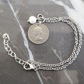 CoinageArt Sixpence Coin Anklet British Sixpence with Pearl on Brilliant Cable Chain Anklet -Sixpence Wedding Anklet -Fresh Water Pearl 5160