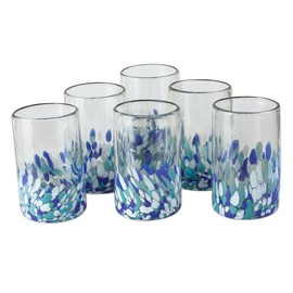 NOVICA Blue Clear Glass Eco-Friendly Tumbler Glasses Drinkware From Mexico 'Blown Blue'