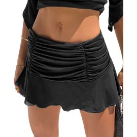 SANSIWU Women Y2k Pleated Skirts Elastic High Waist Ruffle Ruched A-Line Pleated Mini Skirts Athletic Tennis Skirts (B-Black, Medium)