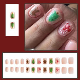 24Pcs Christmas Fake Nails Short Press on Nails Nude Pink Cute Christmas Glue on Nails with Xmas Tree Design Square Acrylic Nails Winter False Nails for Women Christmas Nails DIY Holiday Manicure