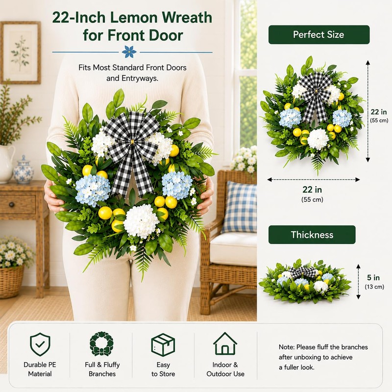 Lemon Wreath for Front Door, 22 Inch Artificial Hydrangea Wreaths