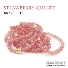 Morchic Strawberry Quartz Crystal Gem Semi Precious Stretch Bracelet for Women, Real Natural Pink Gemstone 8mm Beads, Classic Simple Design Cuff Birthday Gift 7.5 Inch