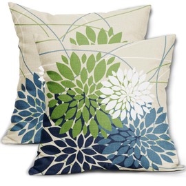 Blue Green Pillow Covers 18x18 White Dahlia Flower Elegant Colored Decorative Throw Pillows Farmhouse Outdoor Decor for Home Living Room Sofa Bed Couch Modern Floral Square Cushion Cases, Set of 2