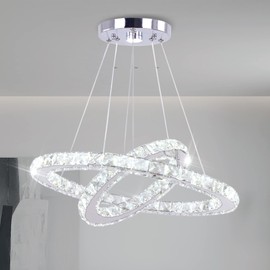 TongLan LED Modern Crystal Chandelier 19.7 x 11.8 inches Ceiling Pendant Light 2 Rings Adjustable Stainless Steel Lighting Fixtures Dining Room Living Room (White)