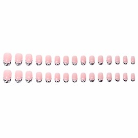 MERVF Short Press on Nails Oval French Tip Fake Nails White Round Glue on Nails with Cow Print Design Glossy 24pcs Artificial Acrylic Nails for Women