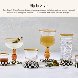 MACKENZIE-CHILDS Tumbler Glasses, Elegant Drinkware, Glasses with Gold Rim, 8 Ounces, Set of 2, Black-and-White Courtly Check