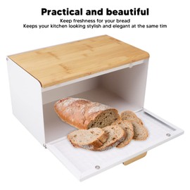 Asixxsix Bread Box with Wood Lid, Vintage Bread Storage Bread Bin Large Capacity Bread Box Modern Bread Keeper Holder Kitchen Counter Bread Storage Container for Homemade Bread, Bagel (White)