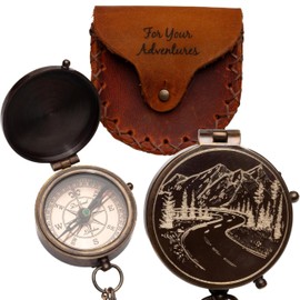 SFdizayn Antique Brass Compass with Leather Case - Mountains & Roads Engraved Pocket Compass for Men - Genuine Leather Pouch Stamped with 'For Your Adventures' - Vintage Gift for Husband, Father & Son