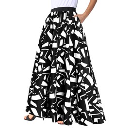 Afibi Women African Skirt Printed Ankara Maxi Skirt Dashiki Long Skirts with Pockets (X-Large, Black White)